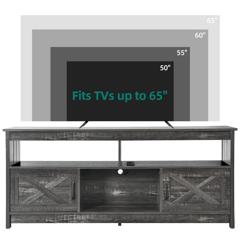 Meuble TV de ferme aspect bois avec portes en X, prise de courant et USB | Convient aux téléviseurs jusqu'à 65 pouces