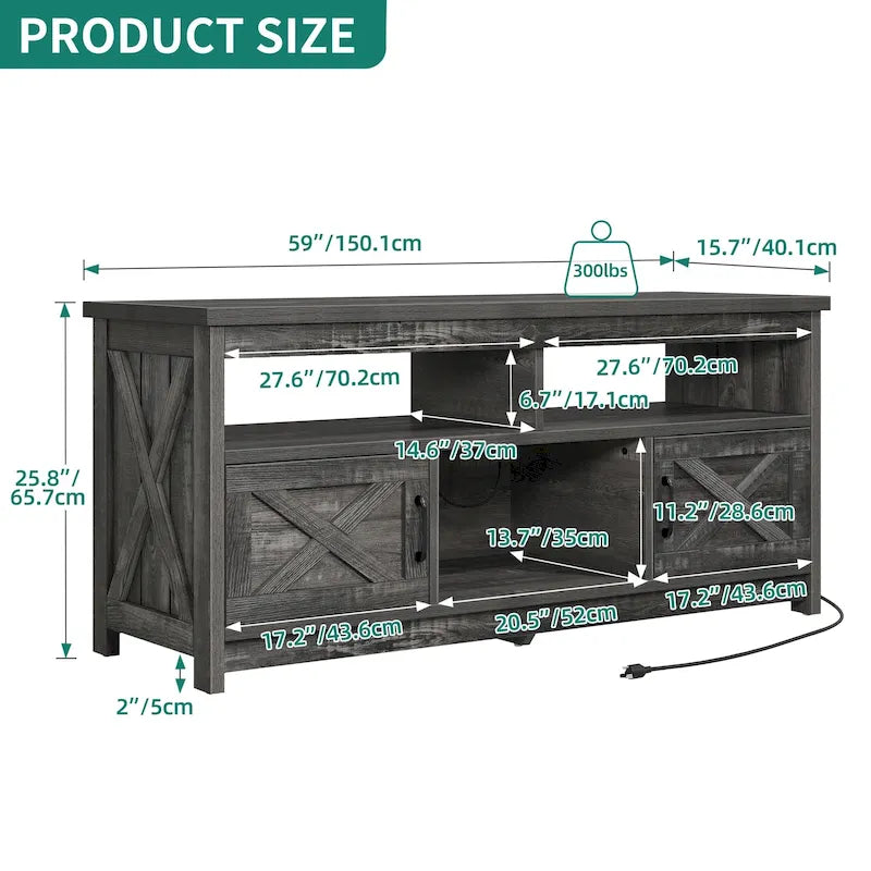 Meuble TV de ferme aspect bois avec portes en X, prise de courant et USB | Convient aux téléviseurs jusqu'à 65 pouces