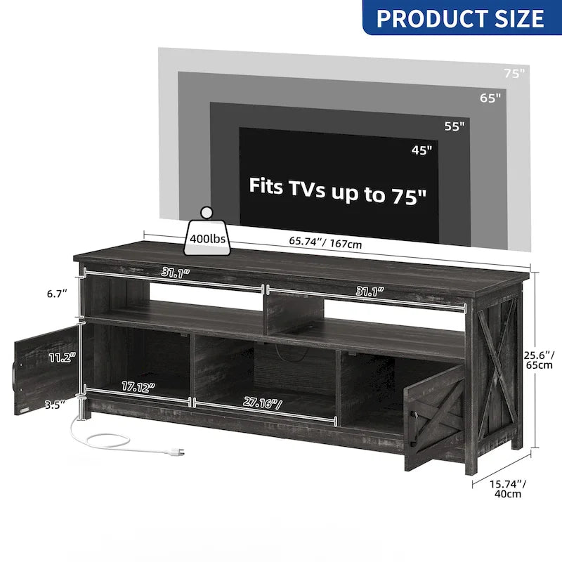 Meuble TV de ferme aspect bois avec portes en X, prise de courant et USB | Convient aux téléviseurs jusqu'à 65 pouces
