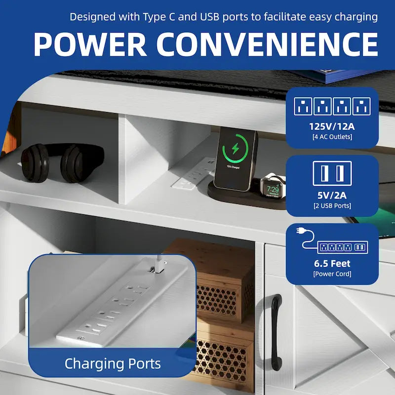 Meuble TV de ferme aspect bois avec portes en X, prise de courant et USB | Convient aux téléviseurs jusqu'à 65 pouces