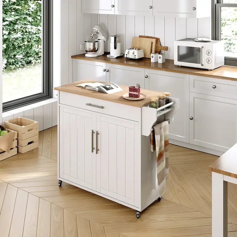 Îlot de cuisine roulant blanc/gris avec abattant et armoire de rangement, 1 personne