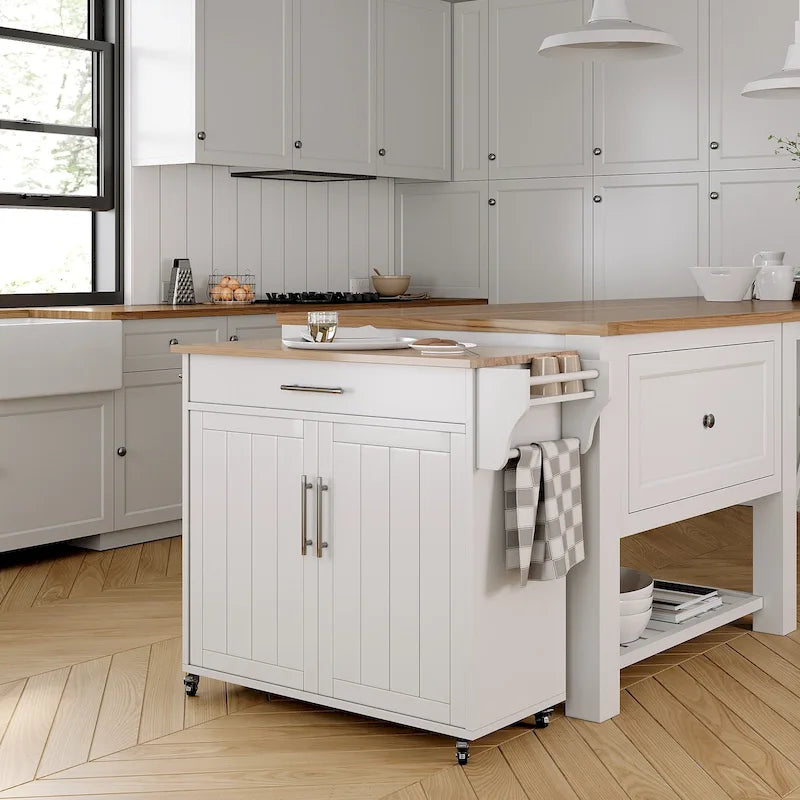 Îlot de cuisine roulant blanc/gris avec abattant et armoire de rangement, 1 personne