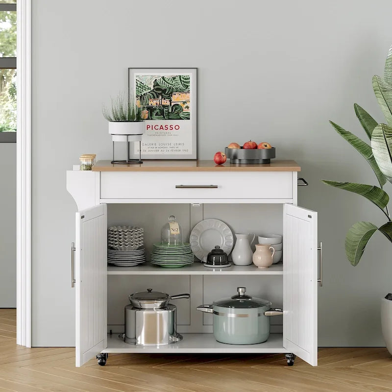 Îlot de cuisine roulant blanc/gris avec abattant et armoire de rangement, 1 personne