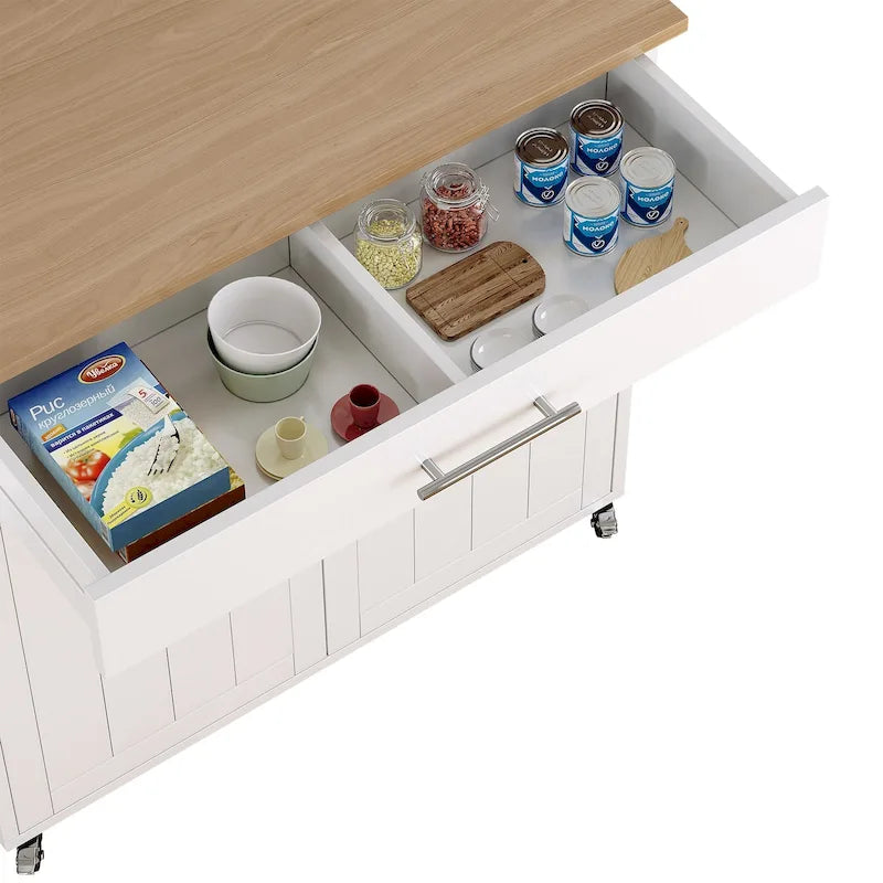 Îlot de cuisine roulant blanc/gris avec abattant et armoire de rangement, 1 personne