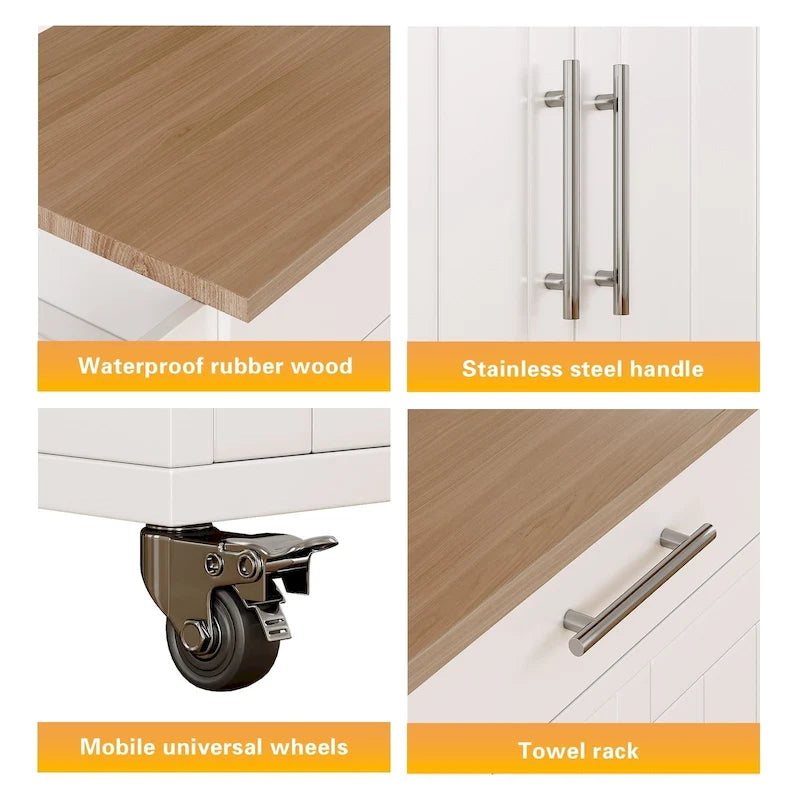 Îlot de cuisine roulant blanc/gris avec abattant et armoire de rangement, 1 personne