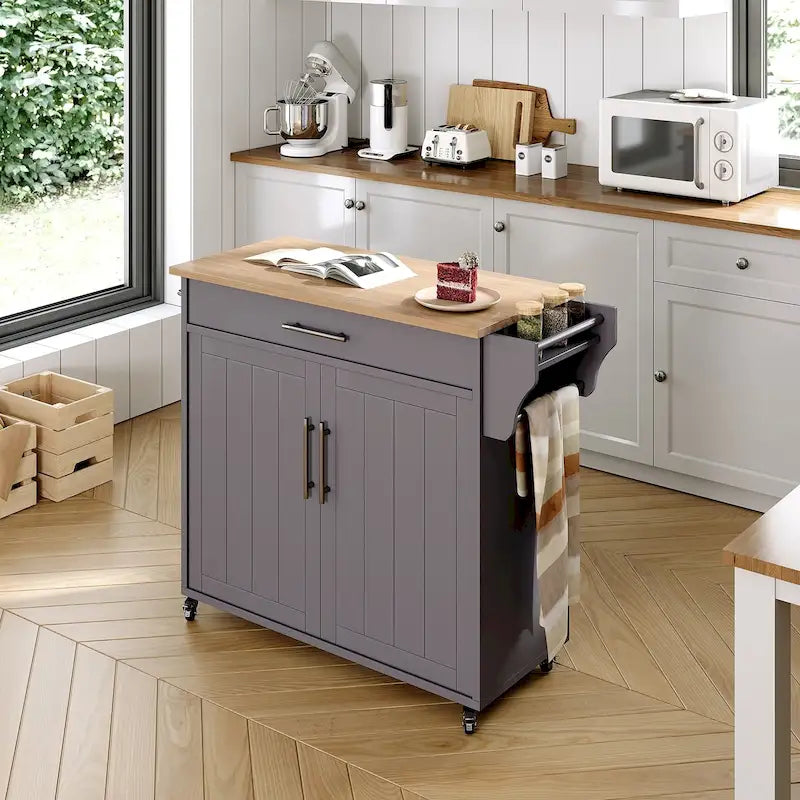 Îlot de cuisine roulant blanc/gris avec abattant et armoire de rangement, 1 personne