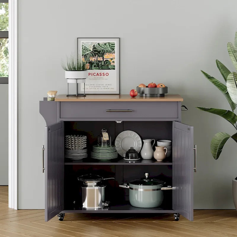 Îlot de cuisine roulant blanc/gris avec abattant et armoire de rangement, 1 personne