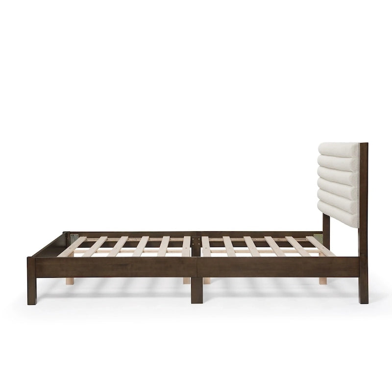 Lit plateforme rembourré tufté à chevrons blanc bouclé/velours côtelé marron, 2 personnes, format Queen