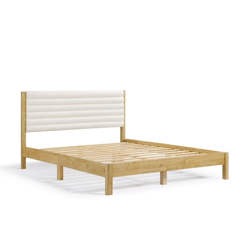 Lit plateforme rembourré tufté à chevrons blanc bouclé/velours côtelé marron, 2 personnes, format Queen