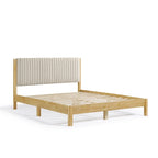 Lit plateforme rembourré tufté à chevrons blanc bouclé/velours côtelé marron, 2 personnes, format Queen