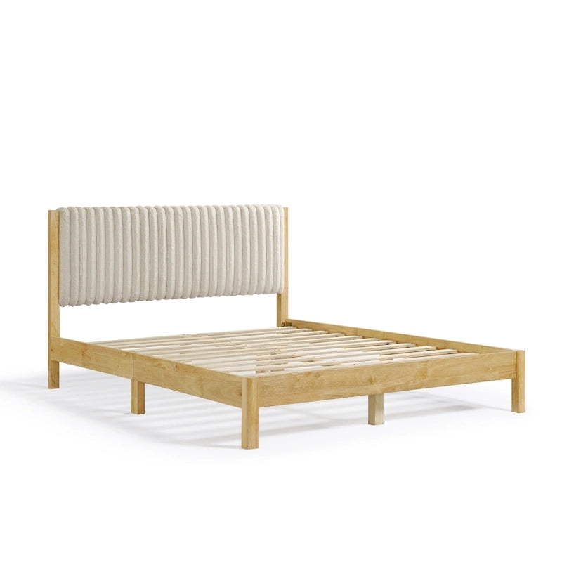 Lit plateforme rembourré tufté à chevrons blanc bouclé/velours côtelé marron, 2 personnes, format Queen