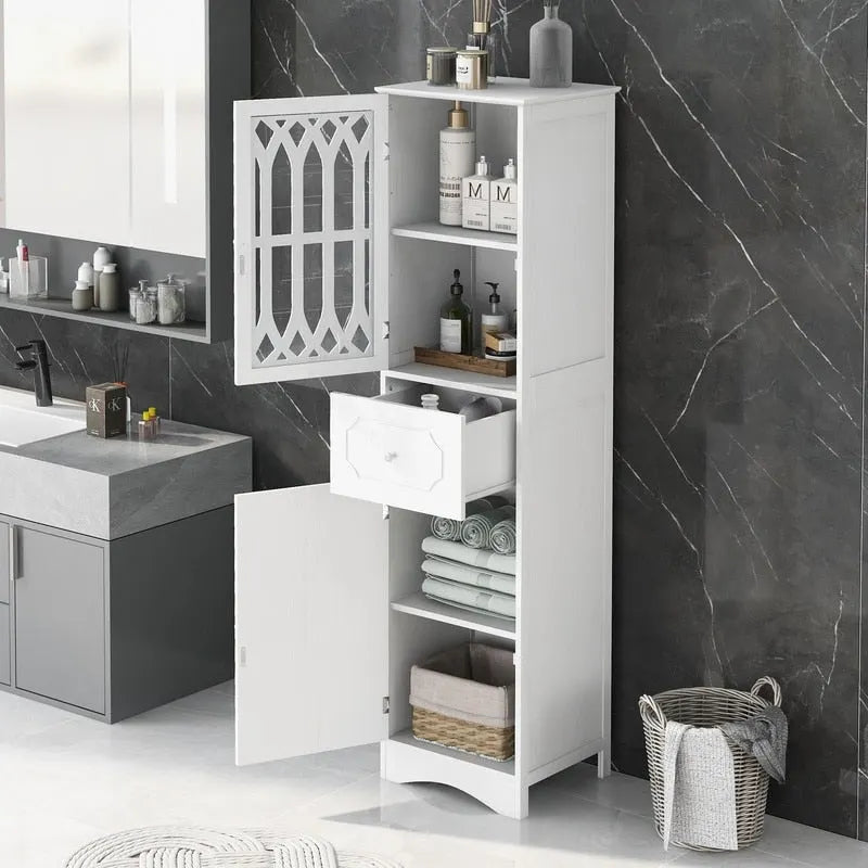Meuble de salle de bain haut et étroit moderne blanc/gris avec tiroir, porte en acrylique et dispositif anti-basculement
