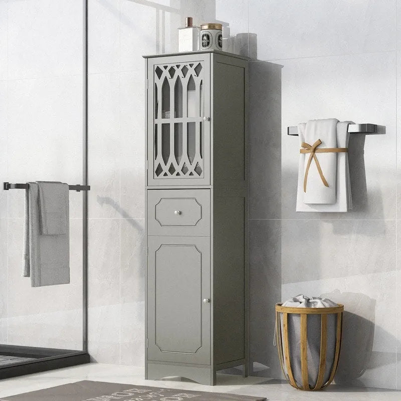 Meuble de salle de bain haut et étroit moderne blanc/gris avec tiroir, porte en acrylique et dispositif anti-basculement