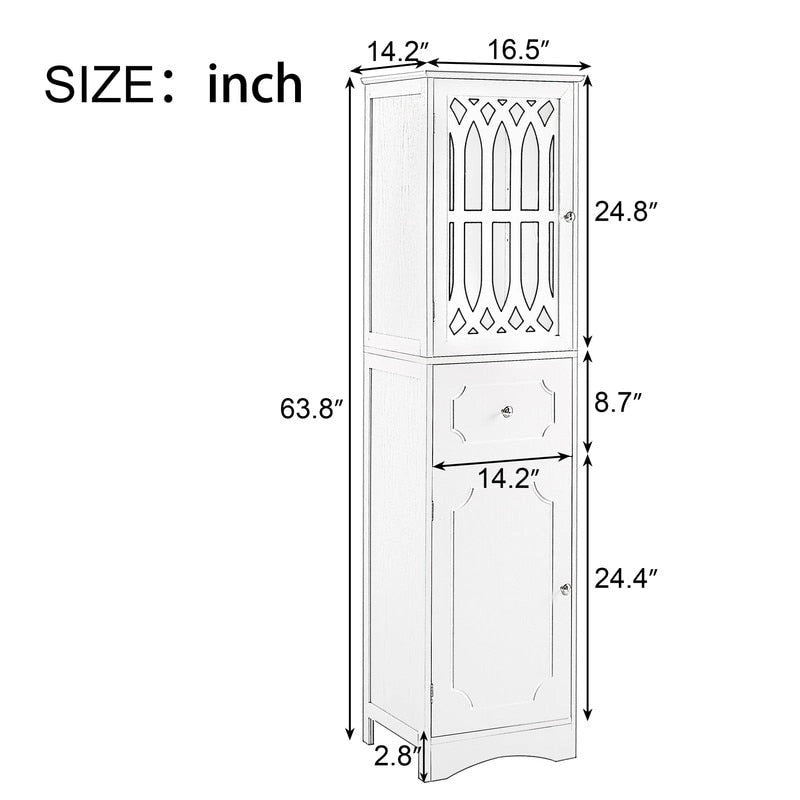 Meuble de salle de bain haut et étroit moderne blanc/gris avec tiroir, porte en acrylique et dispositif anti-basculement