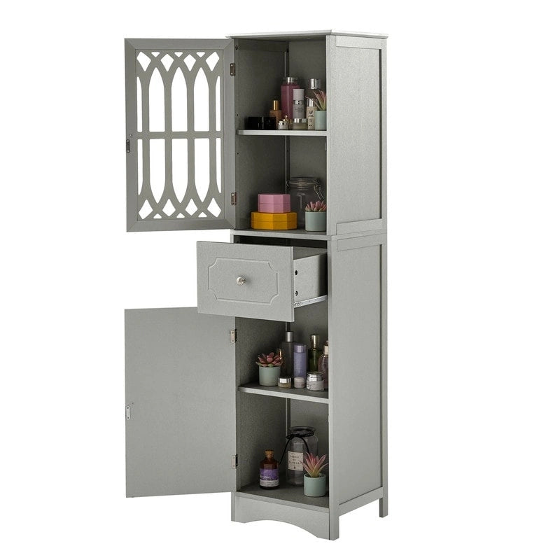 Meuble de salle de bain haut et étroit moderne blanc/gris avec tiroir, porte en acrylique et dispositif anti-basculement