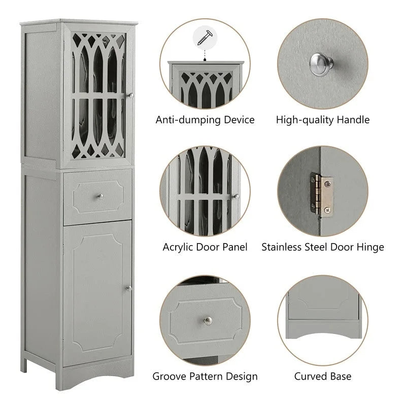 Meuble de salle de bain haut et étroit moderne blanc/gris avec tiroir, porte en acrylique et dispositif anti-basculement