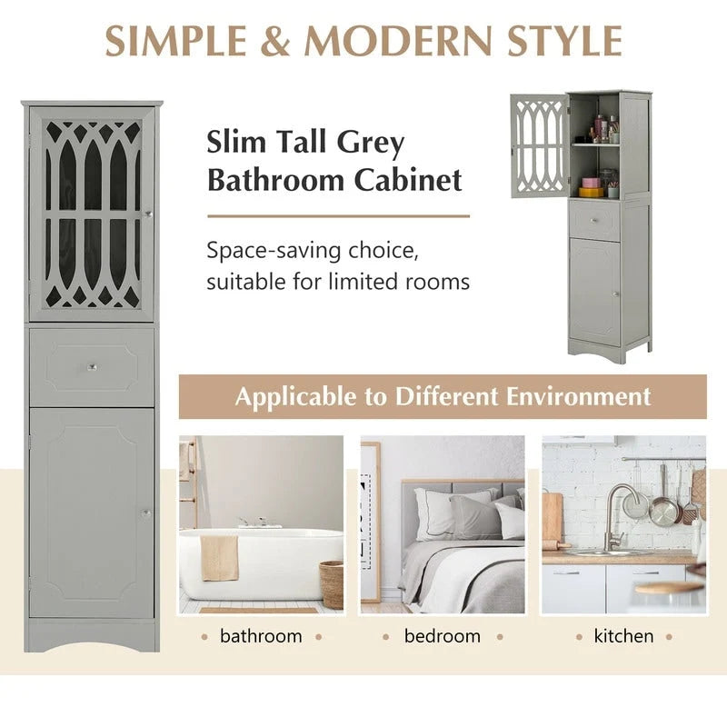 Meuble de salle de bain haut et étroit moderne blanc/gris avec tiroir, porte en acrylique et dispositif anti-basculement