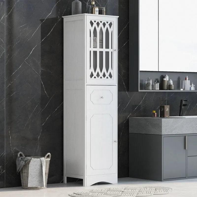 Meuble de salle de bain haut et étroit moderne blanc/gris avec tiroir, porte en acrylique et dispositif anti-basculement