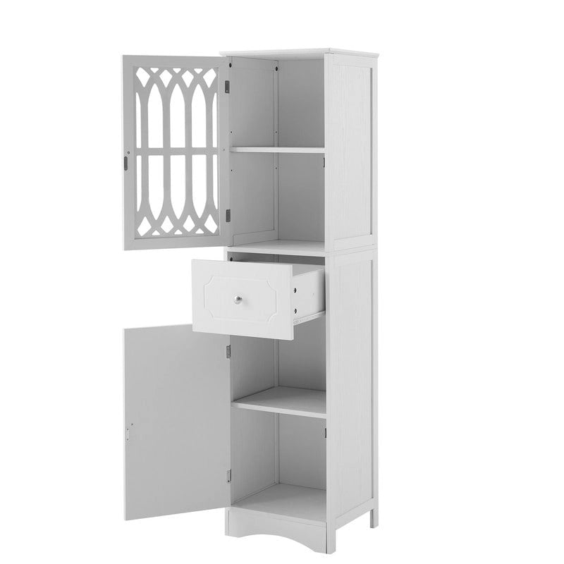 Meuble de salle de bain haut et étroit moderne blanc/gris avec tiroir, porte en acrylique et dispositif anti-basculement