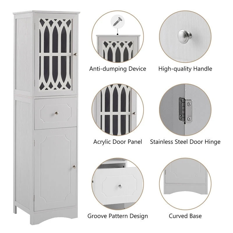 Meuble de salle de bain haut et étroit moderne blanc/gris avec tiroir, porte en acrylique et dispositif anti-basculement