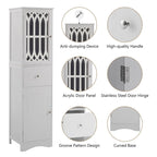 Meuble de salle de bain haut et étroit moderne blanc/gris avec tiroir, porte en acrylique et dispositif anti-basculement