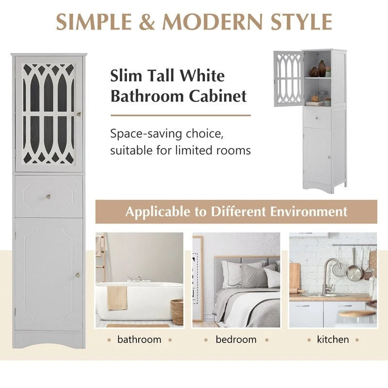 Meuble de salle de bain haut et étroit moderne blanc/gris avec tiroir, porte en acrylique et dispositif anti-basculement