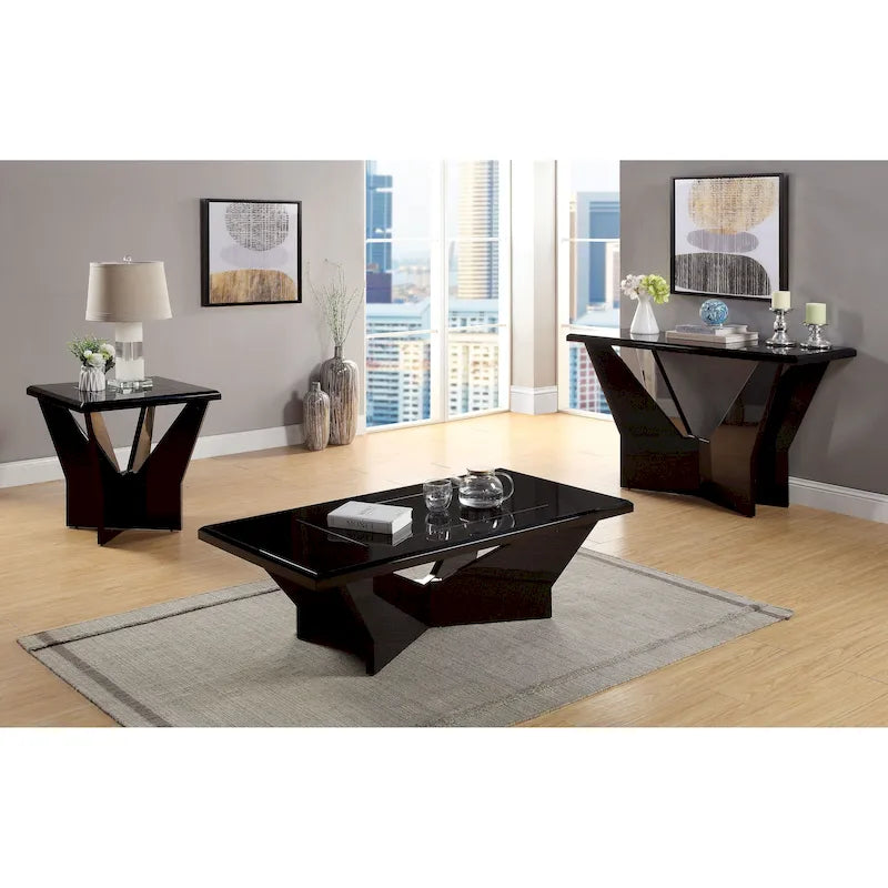 Ensemble de 3 tables basses contemporaines en verre trempé laqué brillant noir/blanc