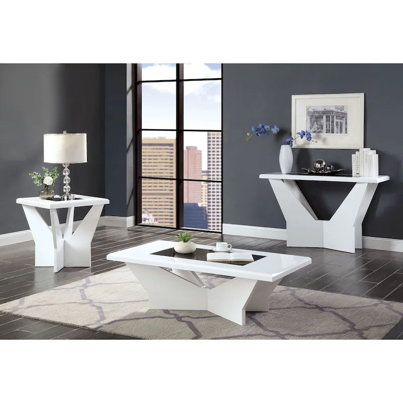 Ensemble de 3 tables basses contemporaines en verre trempé laqué brillant noir/blanc