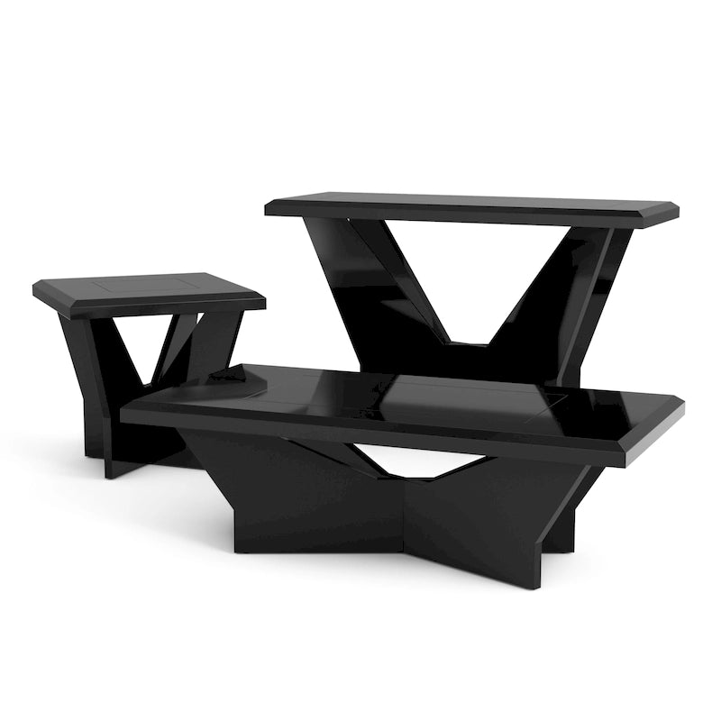 Ensemble de 3 tables basses contemporaines en verre trempé laqué brillant noir/blanc