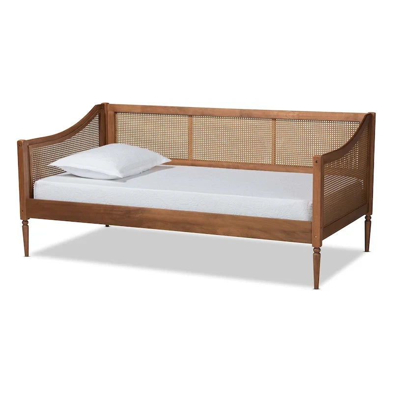 Lit de repos double en rotin synthétique brun noyer de style Mid-Century avec lattes en bois pour 1 personne