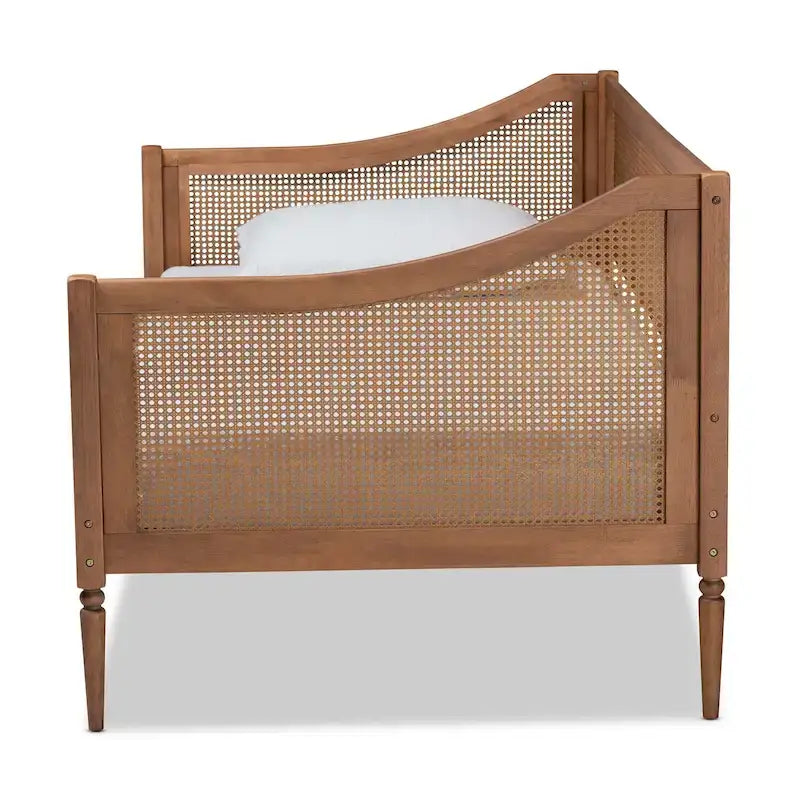 Lit de repos double en rotin synthétique brun noyer de style Mid-Century avec lattes en bois pour 1 personne