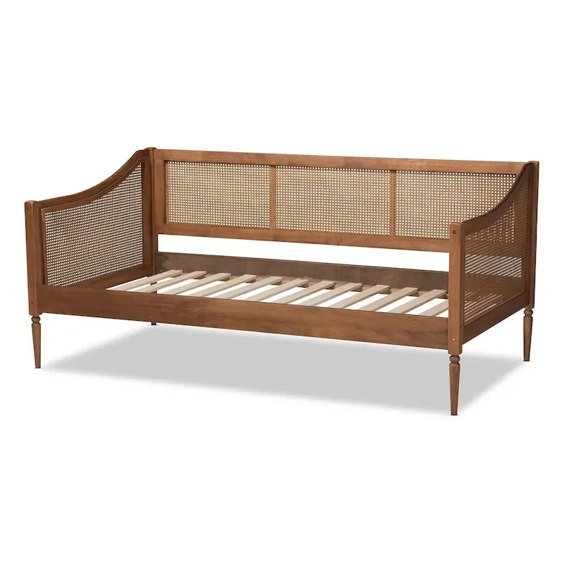 Lit de repos double en rotin synthétique brun noyer de style Mid-Century avec lattes en bois pour 1 personne
