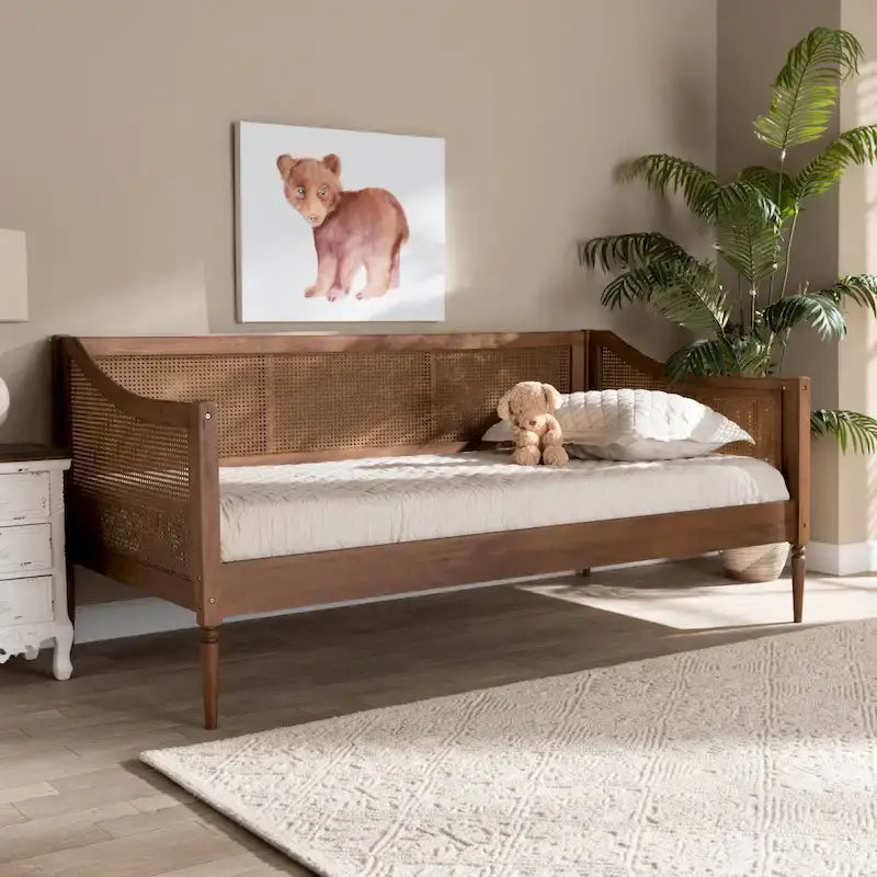 Lit de repos double en rotin synthétique brun noyer de style Mid-Century avec lattes en bois pour 1 personne