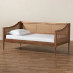 Lit de repos double en rotin synthétique brun noyer de style Mid-Century avec lattes en bois pour 1 personne
