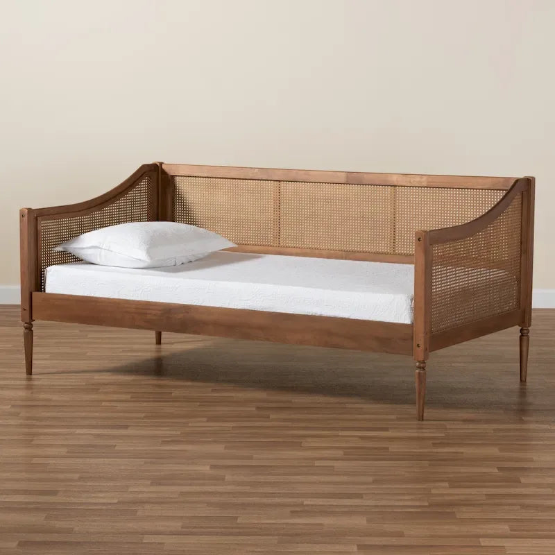 Lit de repos double en rotin synthétique brun noyer de style Mid-Century avec lattes en bois pour 1 personne