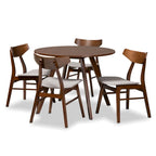 Table à manger ronde et 4 chaises rembourrées, hévéa, noyer brun, gris clair