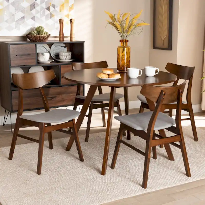 Table à manger ronde et 4 chaises rembourrées, hévéa, noyer brun, gris clair