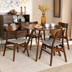 Table à manger ronde et 4 chaises rembourrées, hévéa, noyer brun, gris clair