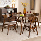Table à manger ronde et 4 chaises rembourrées, hévéa, noyer brun, gris clair