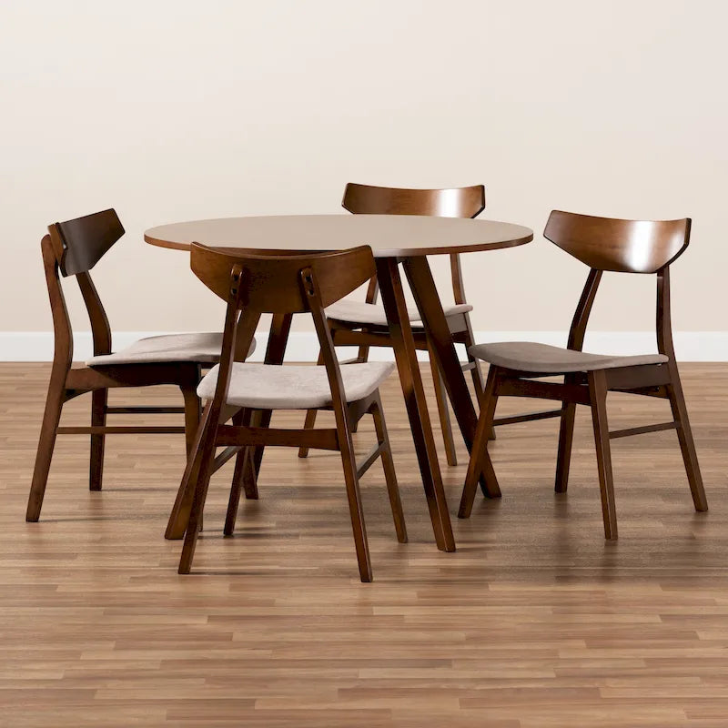 Table à manger ronde et 4 chaises rembourrées, hévéa, noyer brun, gris clair