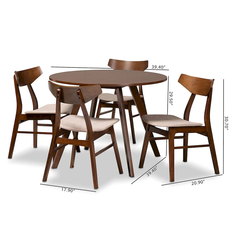Table à manger ronde et 4 chaises rembourrées, hévéa, noyer brun, gris clair
