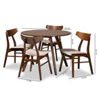 Table à manger ronde et 4 chaises rembourrées, hévéa, noyer brun, gris clair