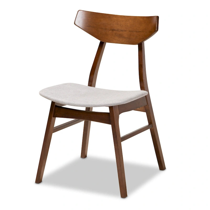 Table à manger ronde et 4 chaises rembourrées, hévéa, noyer brun, gris clair