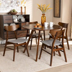 Table à manger ronde et 4 chaises rembourrées, hévéa, noyer brun, gris clair