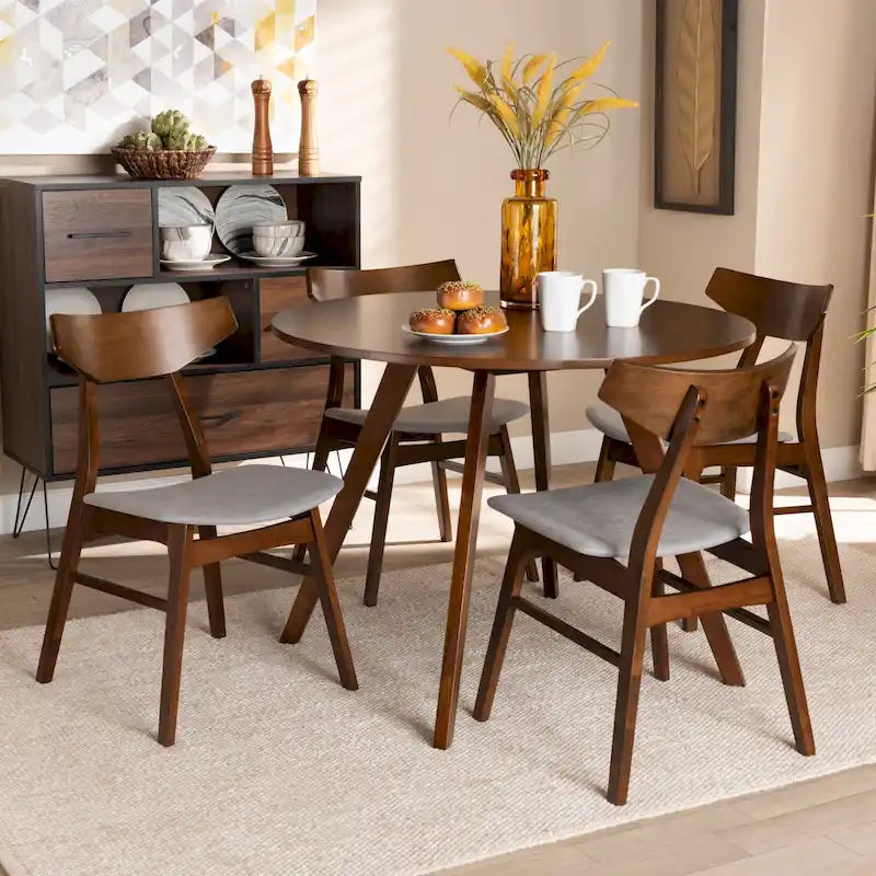 Table à manger ronde et 4 chaises rembourrées, hévéa, noyer brun, gris clair