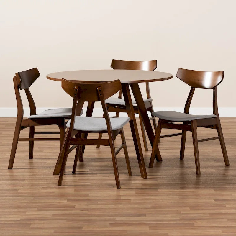 Table à manger ronde et 4 chaises rembourrées, hévéa, noyer brun, gris clair