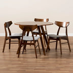 Table à manger ronde et 4 chaises rembourrées, hévéa, noyer brun, gris clair