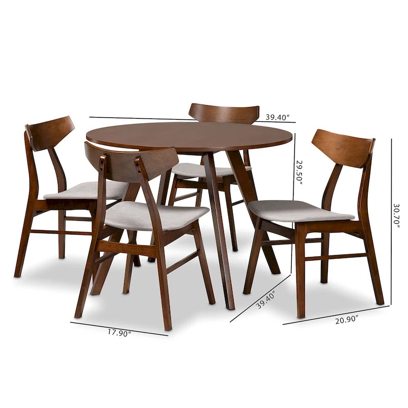 Table à manger ronde et 4 chaises rembourrées, hévéa, noyer brun, gris clair