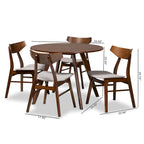 Table à manger ronde et 4 chaises rembourrées, hévéa, noyer brun, gris clair