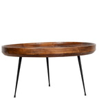 Table basse ronde en bois de manguier brun et noir avec pieds métalliques évasés